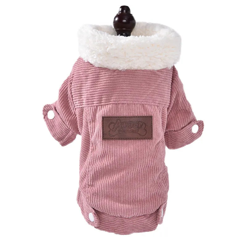 Lambswool-lined dog and cat vest with fleece padding for autumn and winter warmth in grey and pink colours