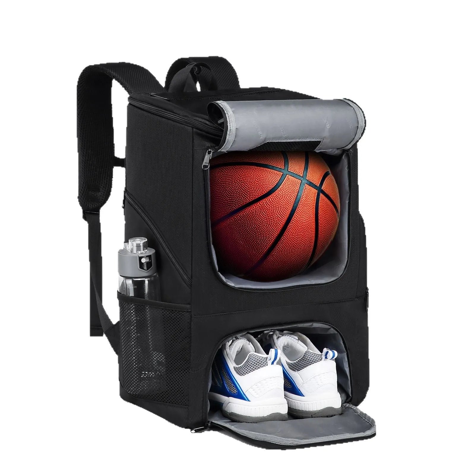 Black Oxford cloth basketball training backpack with large capacity for sports equipment.