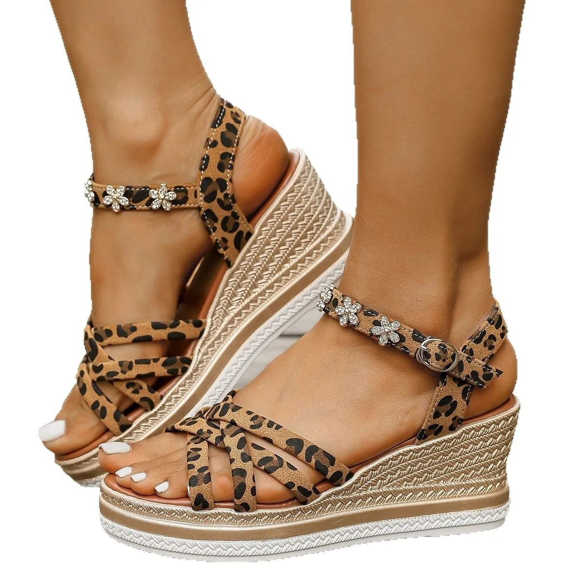 Light brown suede women's platform sandals with an ankle strap and buckle.