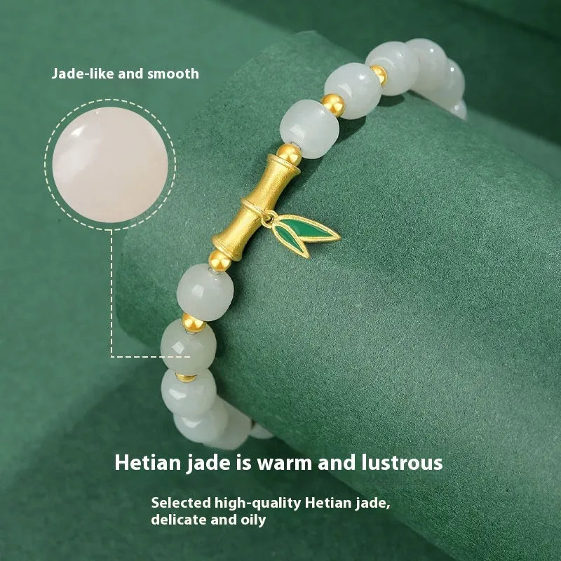 Women's S925 sterling silver Hetian jade bracelet with bamboo leaf design and gold finish