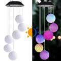 Solar wind chime light with 6cm rice pellet ball and RGB colour changing LED, hanging outdoor garden decoration