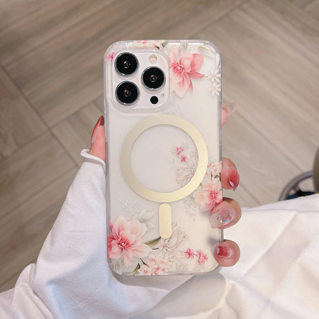 Clear frosted flower iPhone case with magnetic suction, shockproof TPU PC rear cover for iPhone 11-16 models.