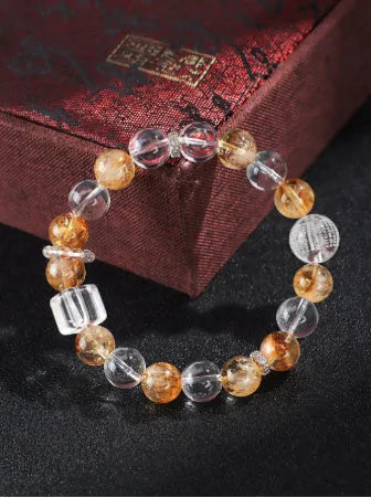 Women's handmade beaded bracelet with Huang Tajing white crystal, freshwater pearls, and yellow tower crystals