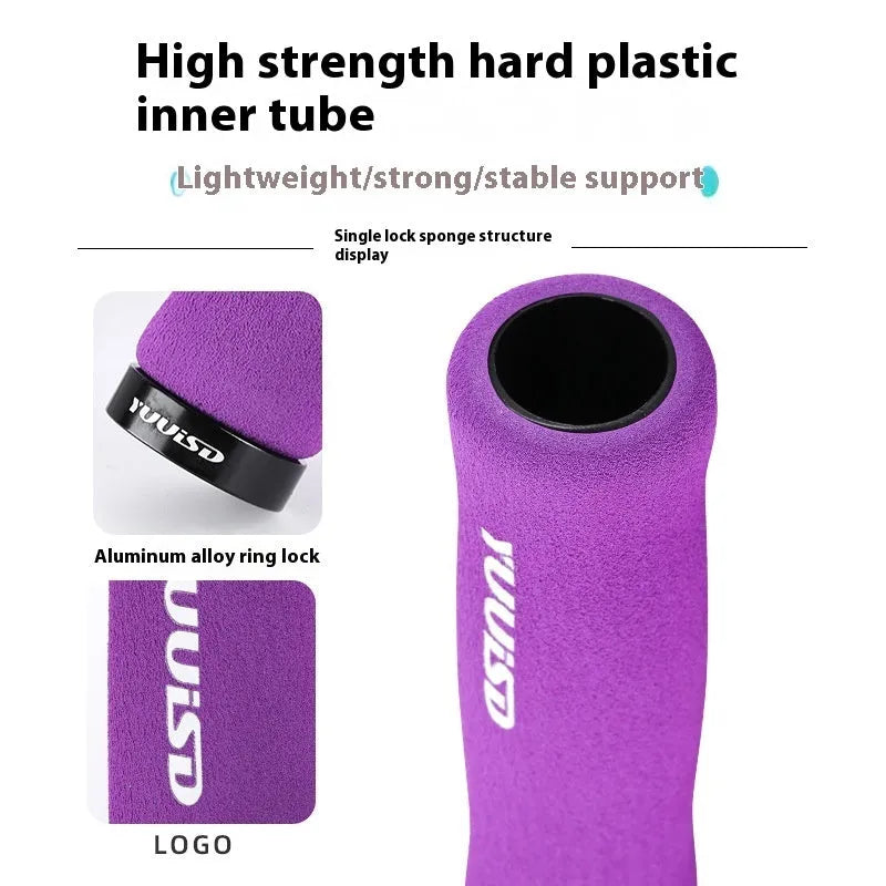 Mountain bike soft sponge handle covers in black, purple and bicolour options showing lightweight shock-absorbing design