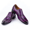 Men's purple Oxford shoes with hand-carved leather detailing and pointed toe