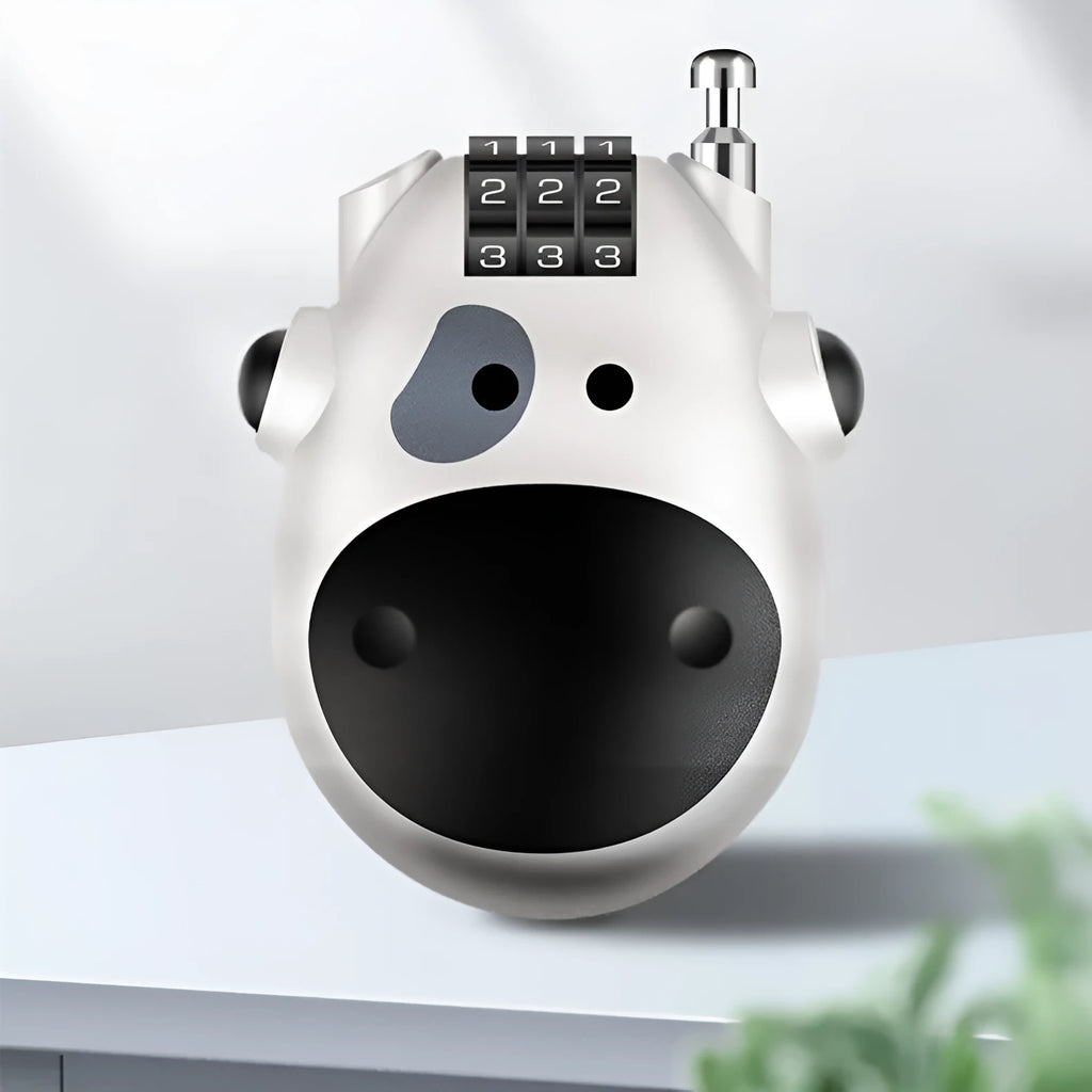 Cow-shaped retractable helmet lock with steel cable in silver and black colour variations
