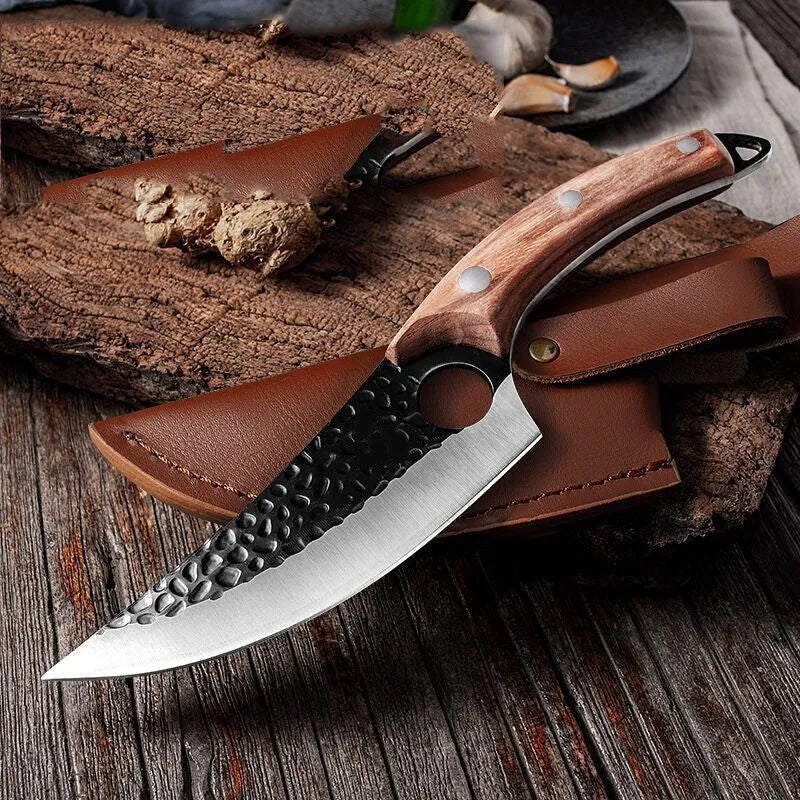Forged curved boning knife with 5CrMoV15 high carbon steel blade and leather sheath in black or brown.