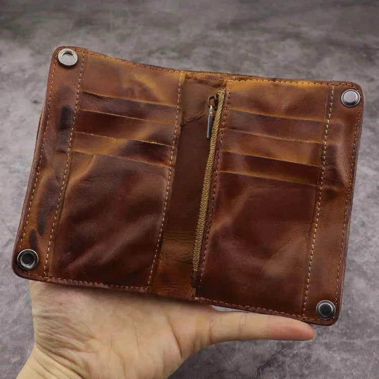 Men's retro style long vertical wallet in genuine cowhide leather with multiple card slots and compartments