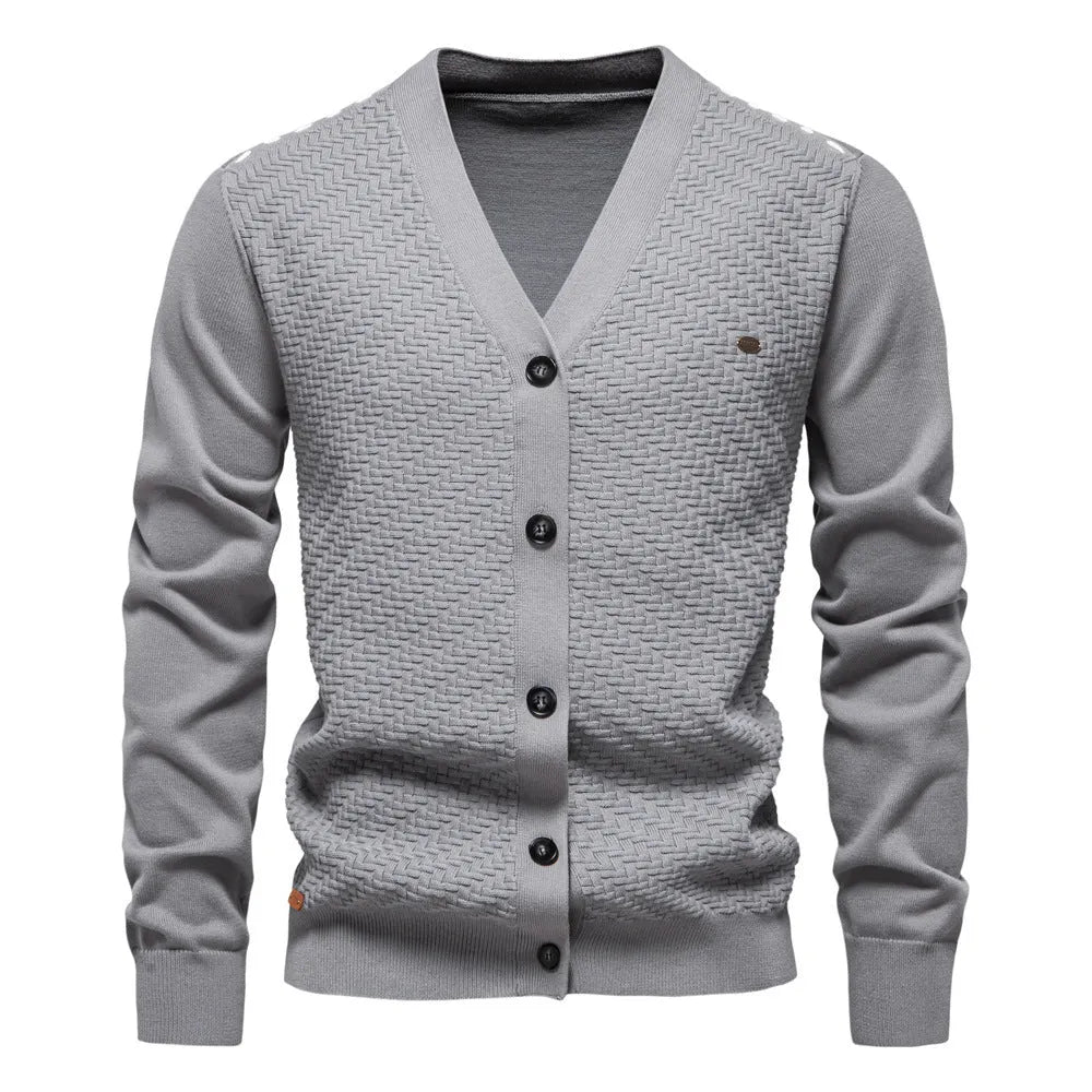 Men's V-neck slim-fit cotton cardigan sweater in gray, front view
