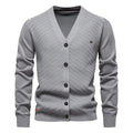 Men's V-neck slim-fit cotton cardigan sweater in gray, front view