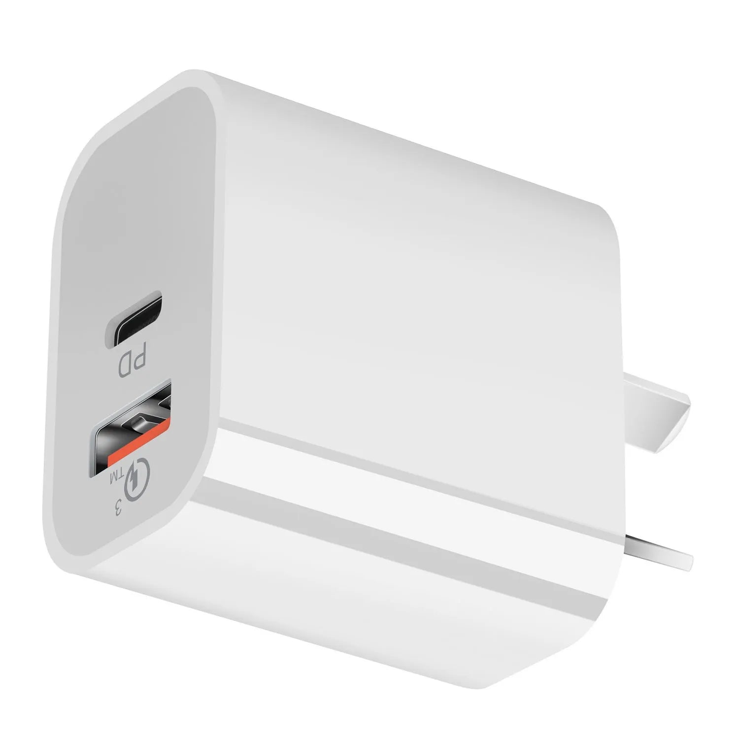 White Australian dual USB wall charger with Type-A and Type-C ports measuring 63x40x22mm