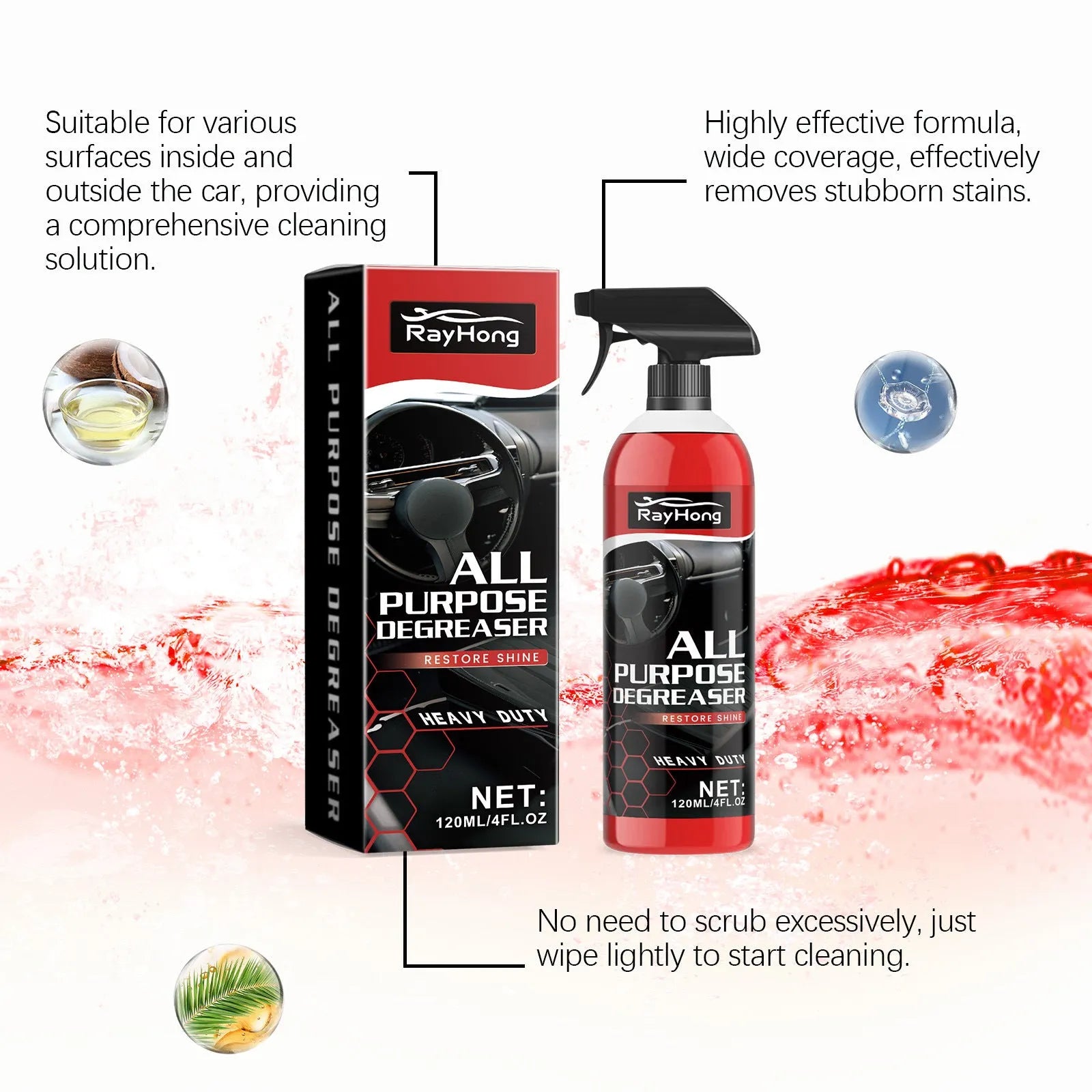 Car multifunction stain cleaner 120ml bottle with green label and trigger spray