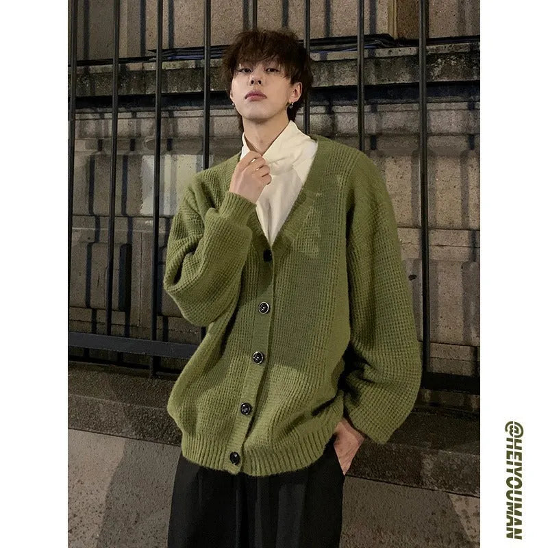 Men's loose fit V-neck knitted cardigan sweater in army green cotton blend fabric