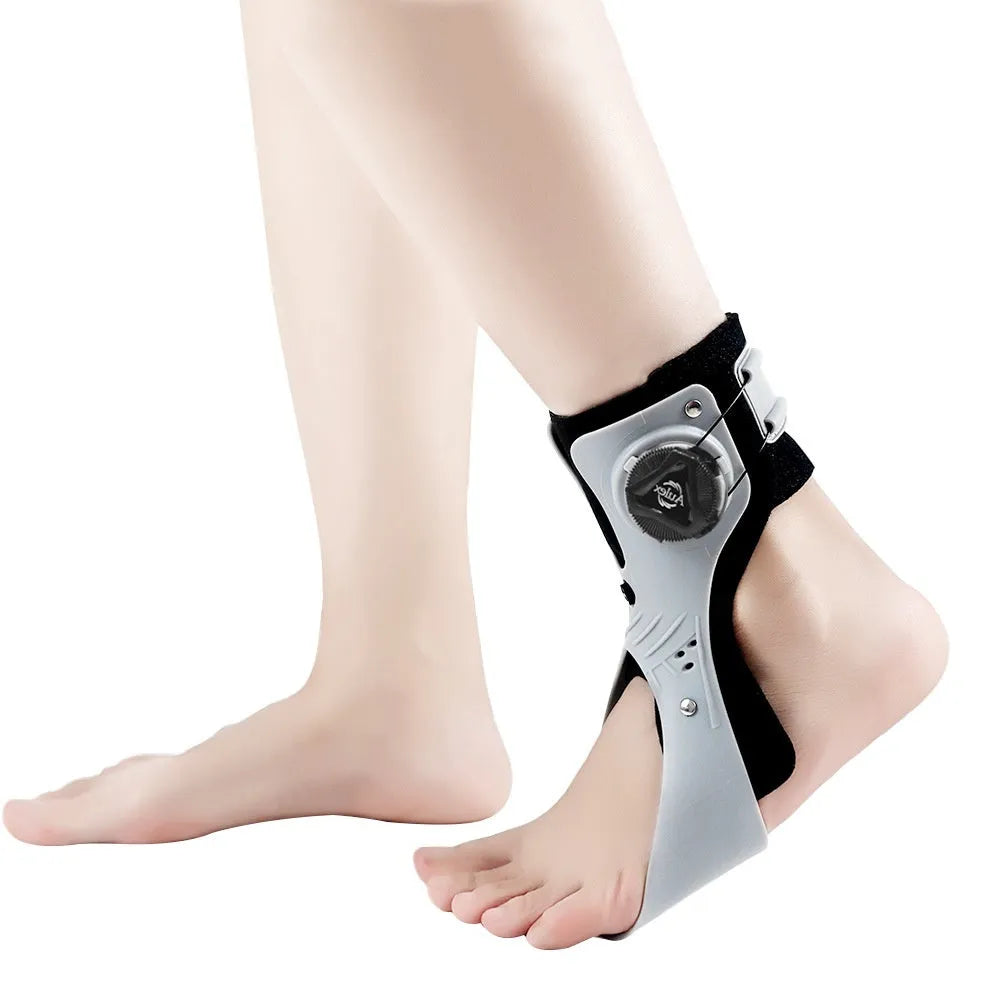 Grey ankle support brace with airbag button mechanism showing left and right size options for foot circumference 31-47 yards