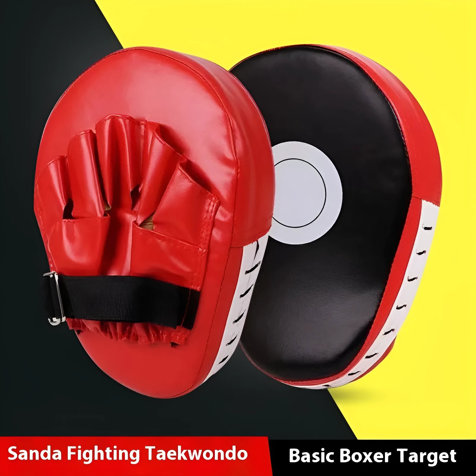 Red and black curved boxing punch mitts held in a trainer's hands for Muay Thai or Sanda practice.