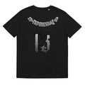 Men's black 3D digital print casual T-shirt with round neck and short sleeves.