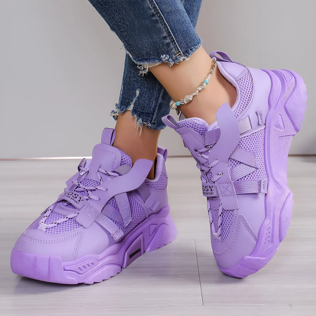 Women's purple platform mesh sports shoes with animal pattern and front lace-up design