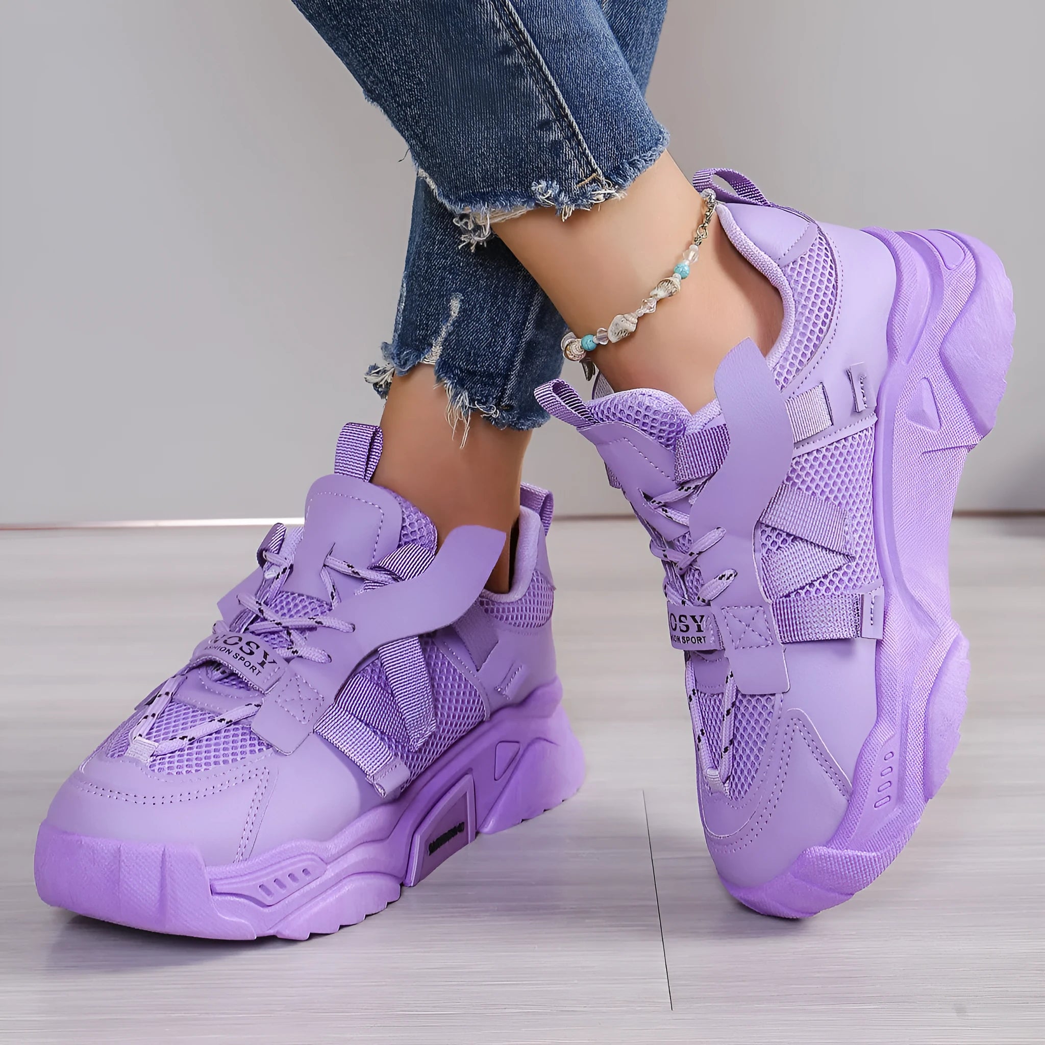 Women's purple platform mesh sports shoes with animal pattern and front lace-up design