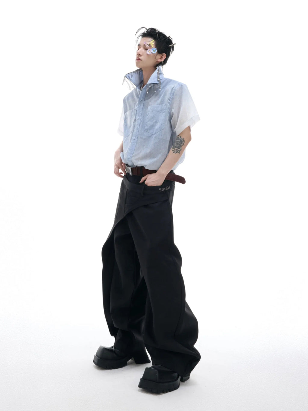 Men's blue and white gradient loose-fit short sleeve summer shirt on a hanger.