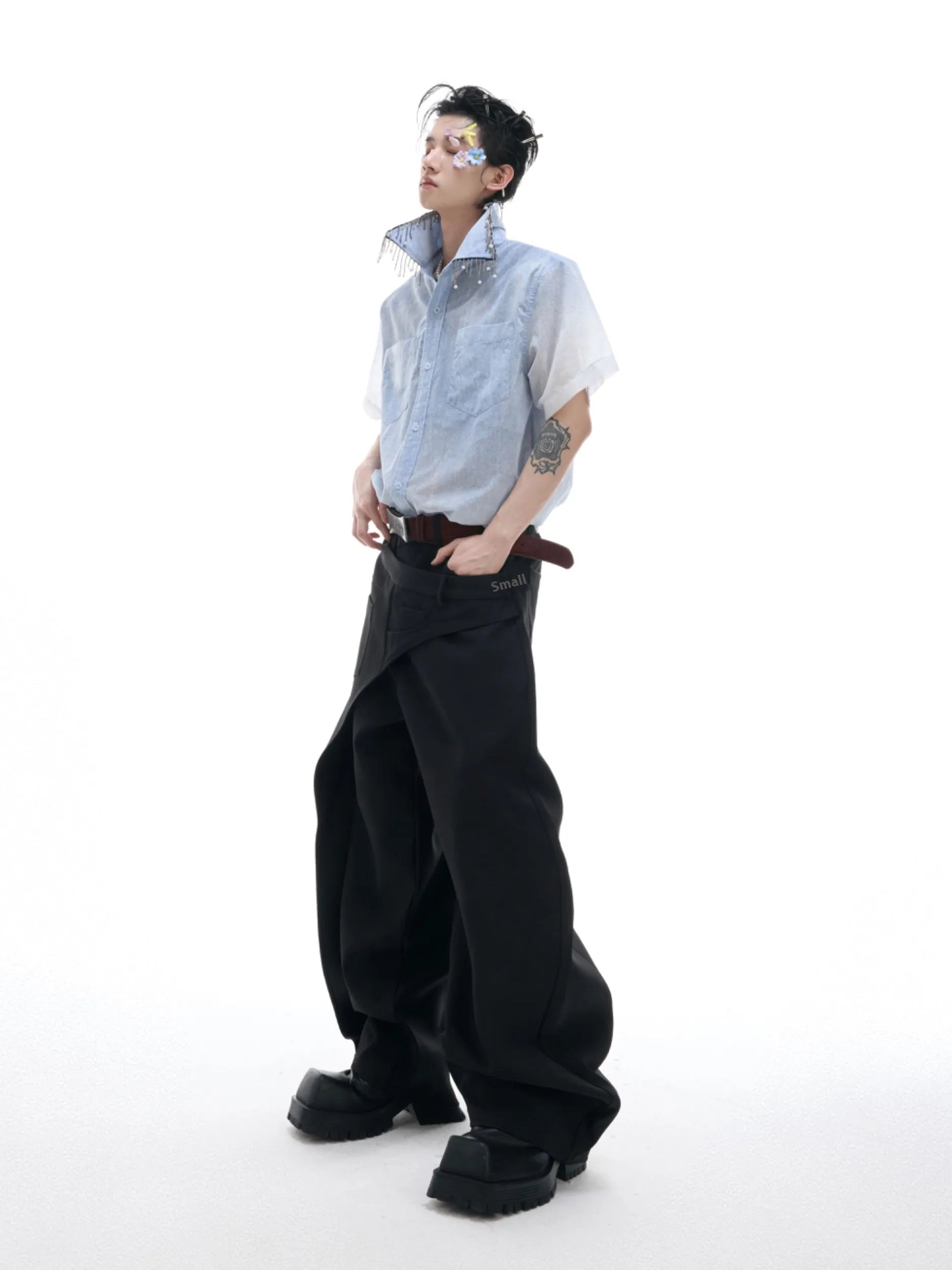 Men's blue and white gradient loose-fit short sleeve summer shirt on a hanger.