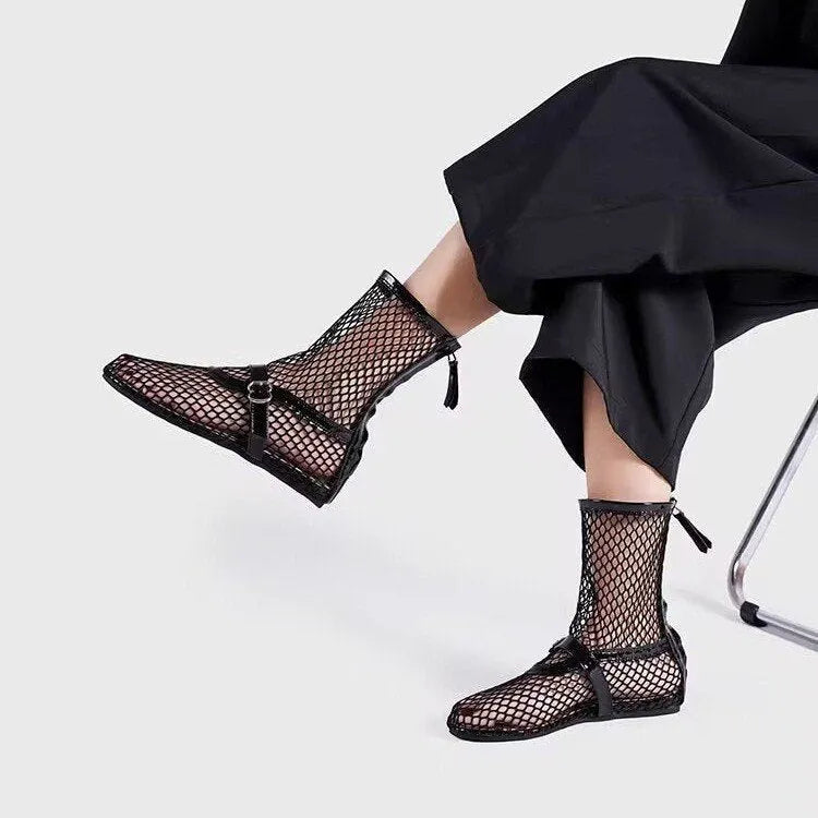 Black high top ballet shoes with metal buckle and back zipper, PU upper and rubber sole