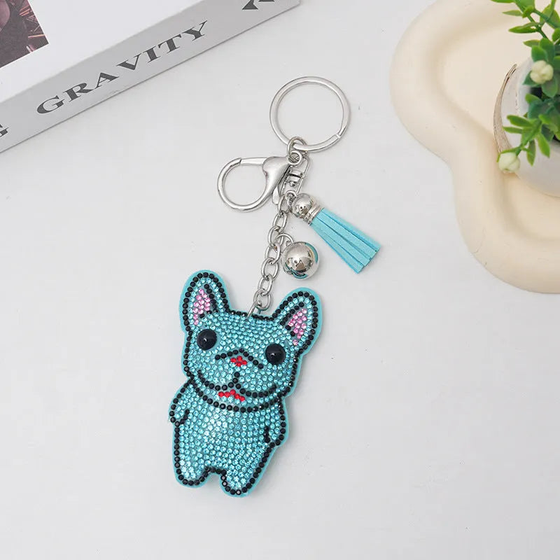 French dog cartoon rhinestone keychain pendant in alloy with tassel design