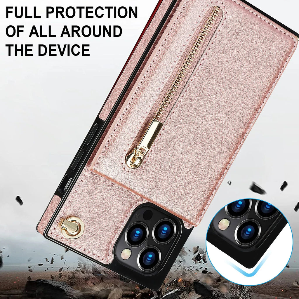 A black leather mobile phone case with a TPU bumper fitted on a smartphone.