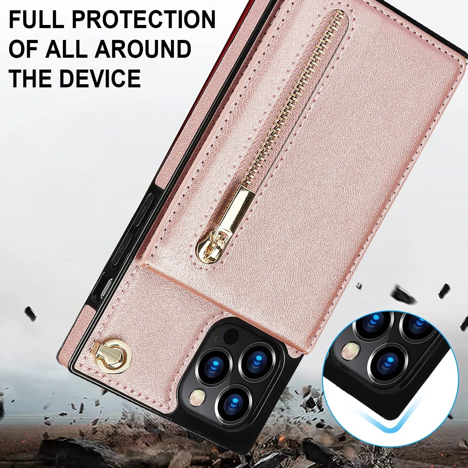 A black leather mobile phone case with a TPU bumper fitted on a smartphone.