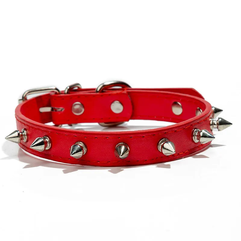 A studded PU leather dog collar in one of six colours with an alloy fastener, shown next to a size chart.