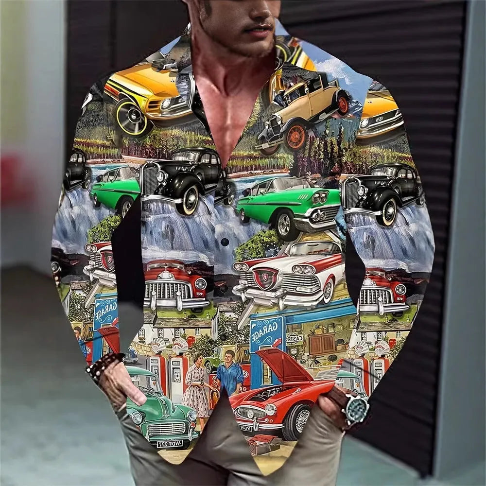 Hawaiian floral pattern men's long sleeve shirt in loose cardigan style with stretch polyester fabric