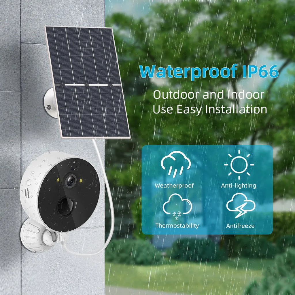 Outdoor solar-powered security camera with separate solar panel unit