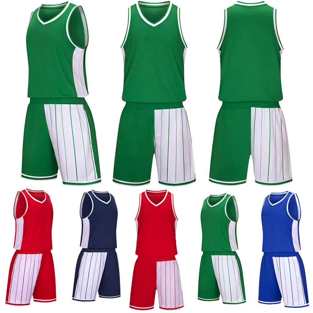 Men's basketball uniform set in quick-dry polyester, showing top and shorts in blue.