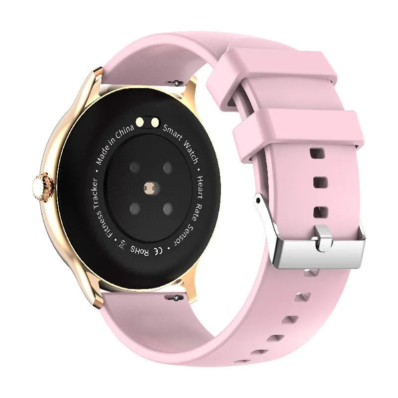 Black smartwatch with circular 1.28-inch screen and silicone strap for blood pressure and activity tracking.