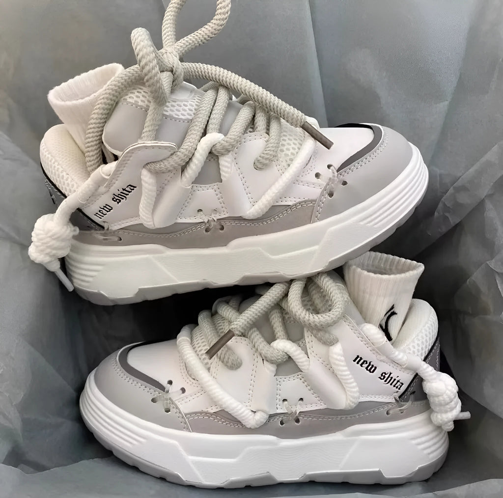 Women's grey retro clunky sneakers with thick sole and 6-8cm heel height on white background