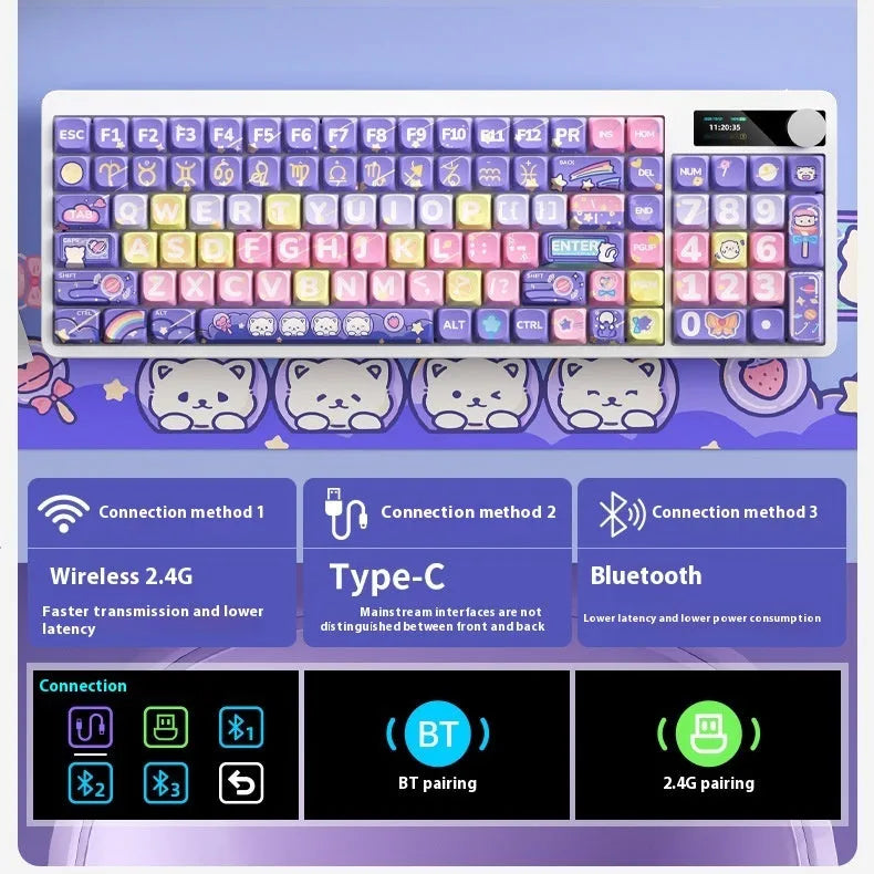 Black iron case mechanical keyboard with RGB backlight and full key layout on a desk.
