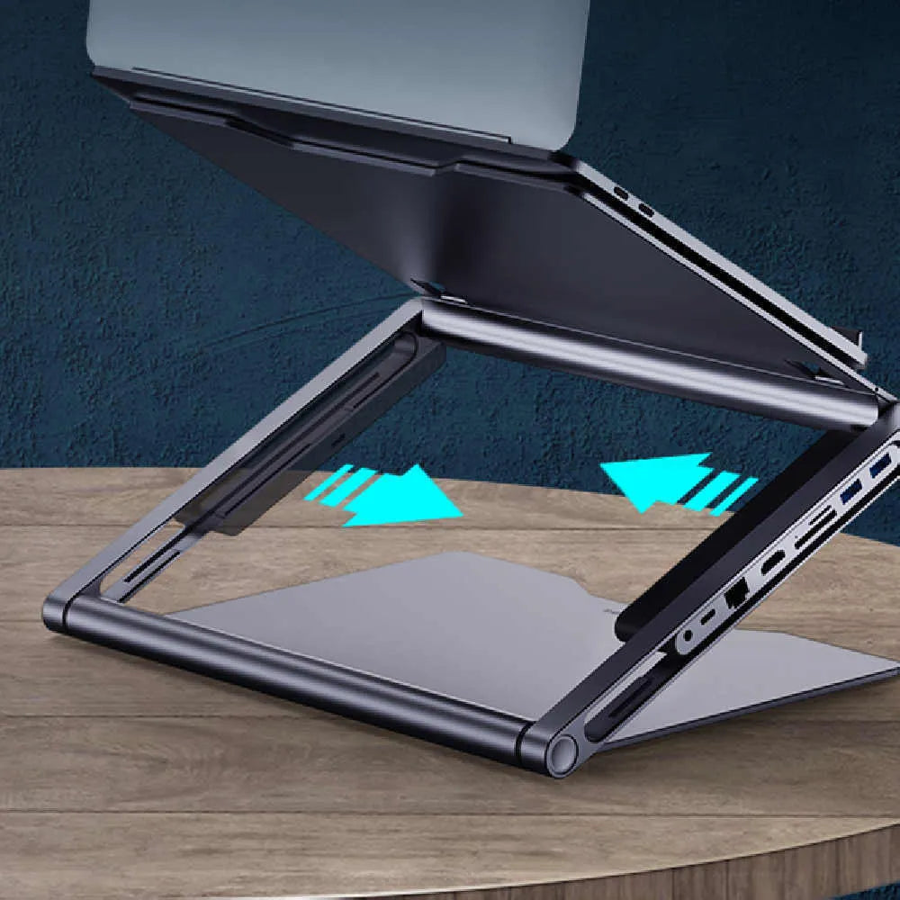 Aluminium alloy laptop stand with 8-in-1 USB-C docking station in deep space grey for notebook desk use