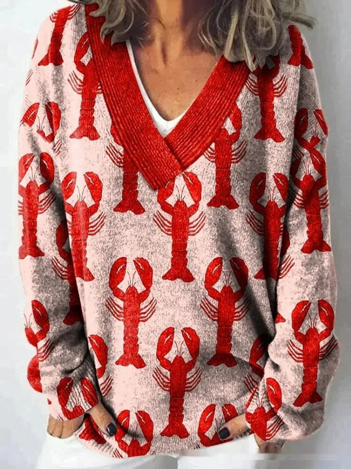 Women's V-neck long sleeve sweatshirt with a 3D floral print pattern.