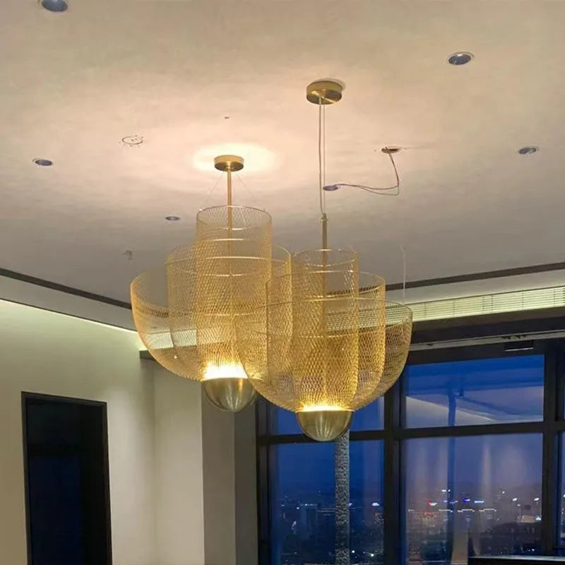 Nordic iron mesh geometric chandelier ceiling light in gold or silver finish, 450mm diameter