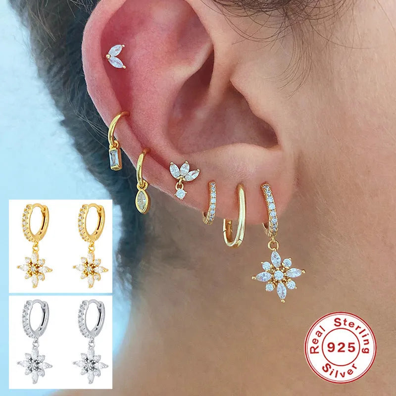 S925 sterling silver snowflake pendant earrings with diamond accents in white gold and yellow gold colour options