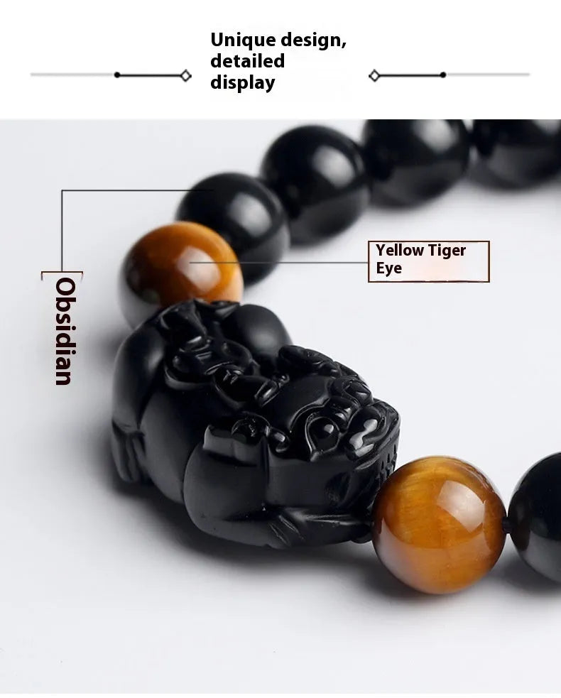 Black Mexico Gold Sheen Obsidian Pi Xiu crystal bracelet with ethnic design