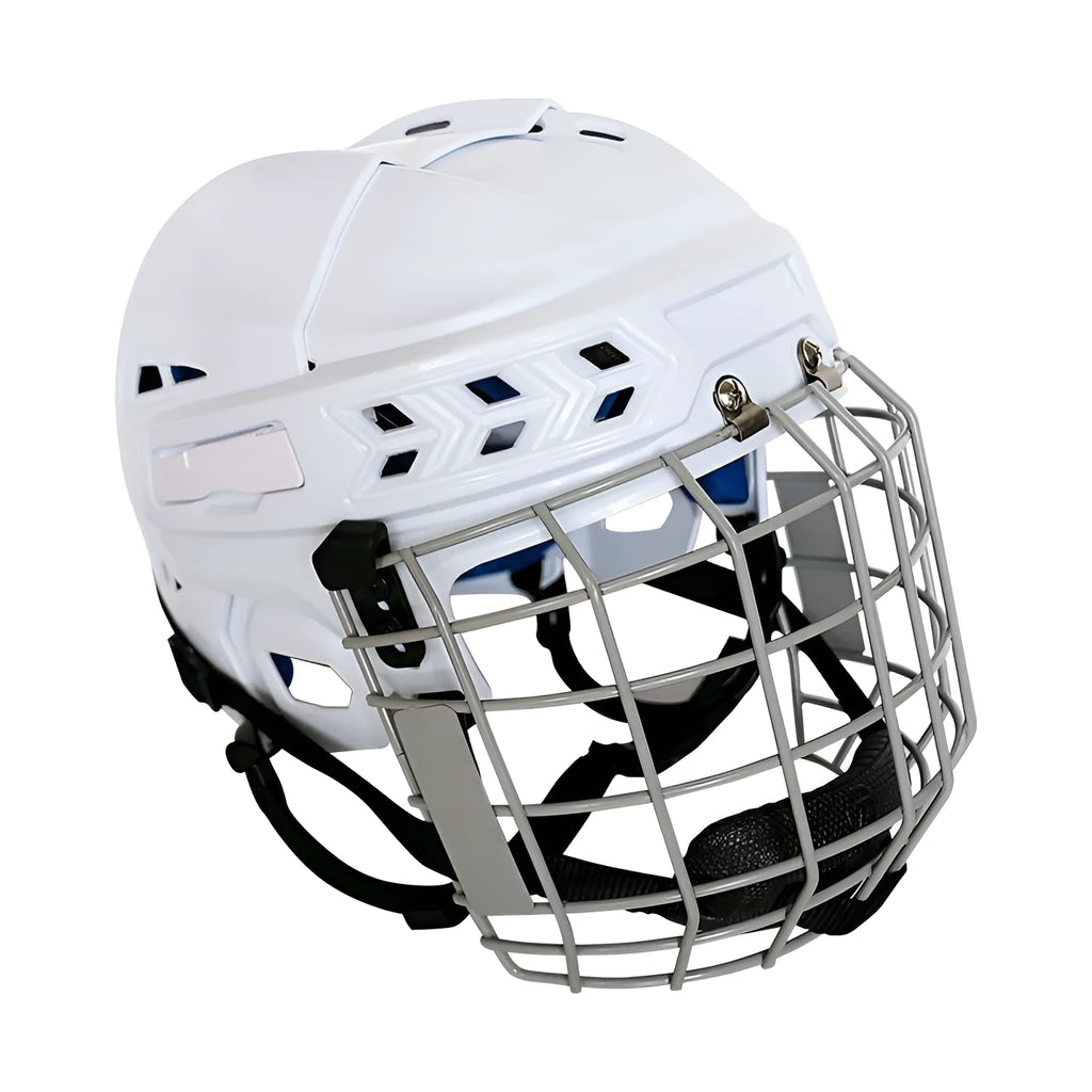 Ice hockey helmet with a carbon steel face mask, shown in an available size.