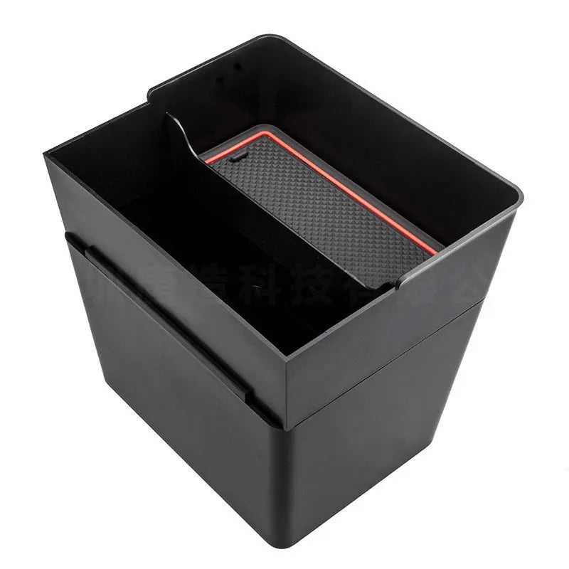 Tesla Model 3Y double-layer car trash can storage box black with red edge non-slip mat