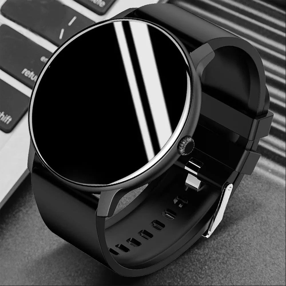 Black smartwatch with circular 1.28-inch screen and silicone strap for blood pressure and activity tracking.