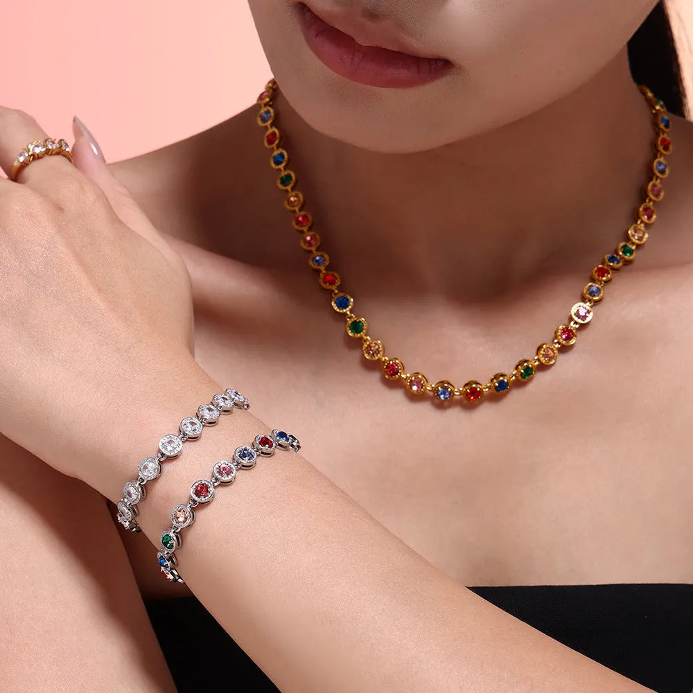 Titanium steel zircon necklace with Bohemian regular chain, golden mixed colour pendant on model