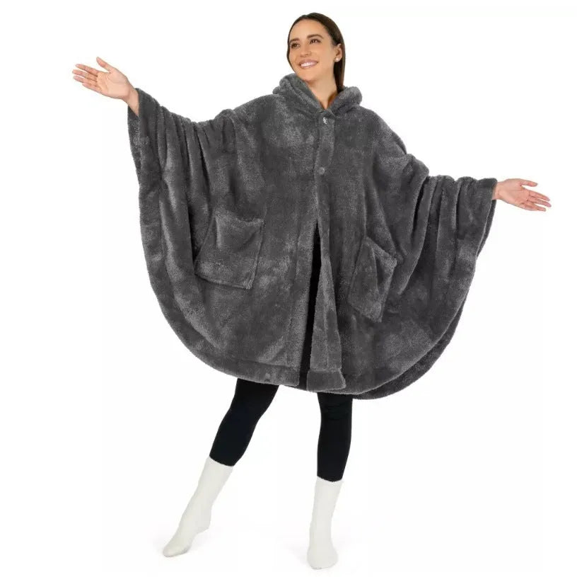 Thickened hooded bathrobe in cardigan style shown in black, dark grey, and pink colour options.