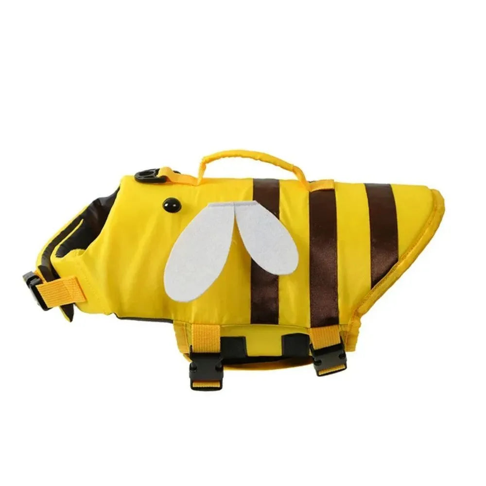 Green dog life vest with reflective strips and side-release buckles on a canine mannequin.