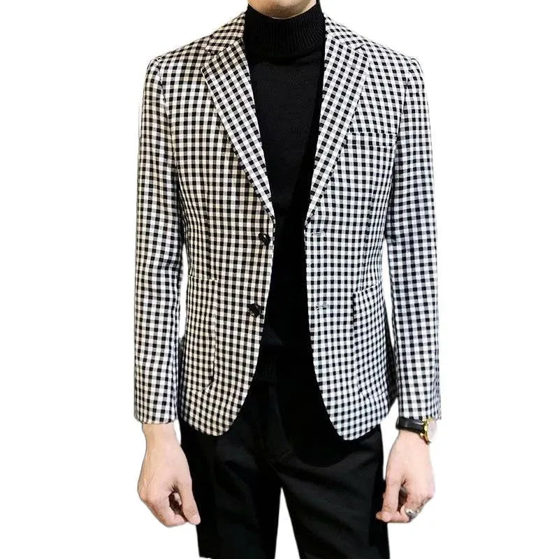 Black and white plaid casual jacket for youth, cotton blend, loose fit, sizes M to 2XL
