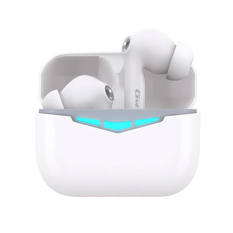 True wireless black Bluetooth in-ear gaming headphones with charging case and silicone ear muffs.