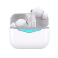 True wireless black Bluetooth in-ear gaming headphones with charging case and silicone ear muffs.