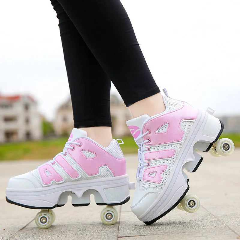 Boys and girls double wheel roller sneakers with retractable PU wheels in purple colour